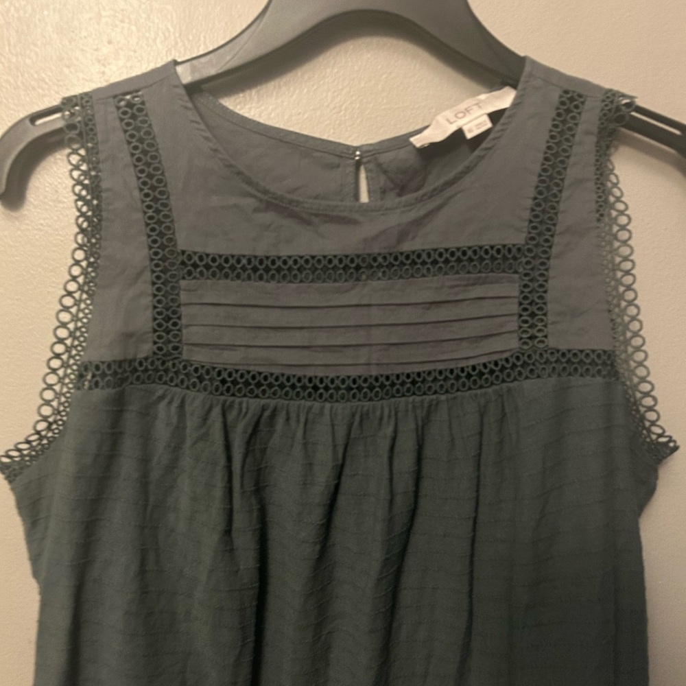Loft Olive Green Sleeveless Top - embroidered lace trim, babydoll cut - Picture 3 of 10